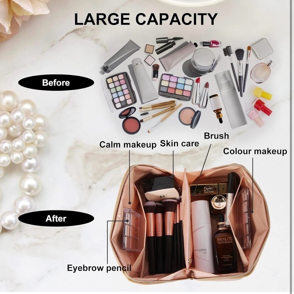 Large Capacity Travel Cosmetic Bag - Makeup Bag,Portable Leather Waterproof - Picture 3 of 4